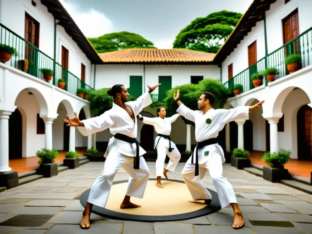 Un grupo de practicantes de capoeira en un patio histórico de Brasil