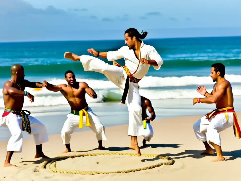 Un grupo de practicantes de capoeira en la playa, ejecutando movimientos acrobáticos en una roda, con música tradicional y olas de fondo