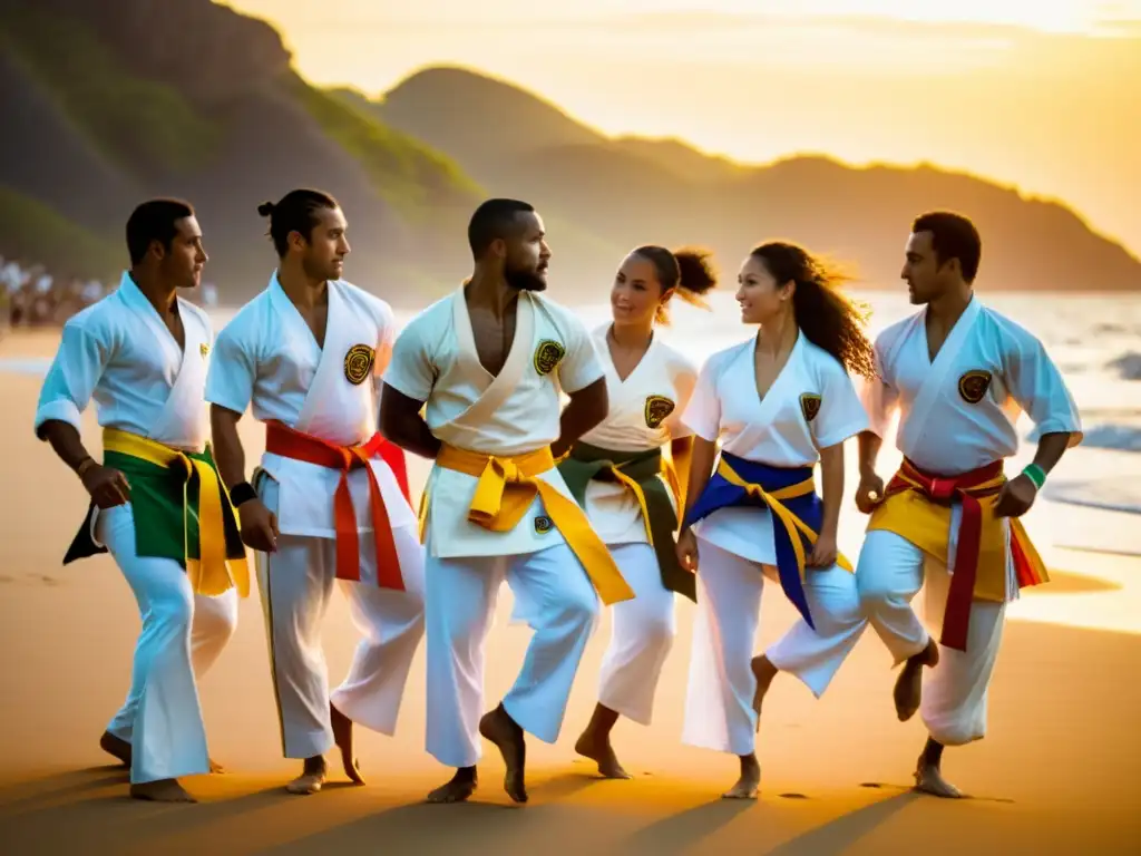 Grupo de practicantes de capoeira en la playa al atardecer