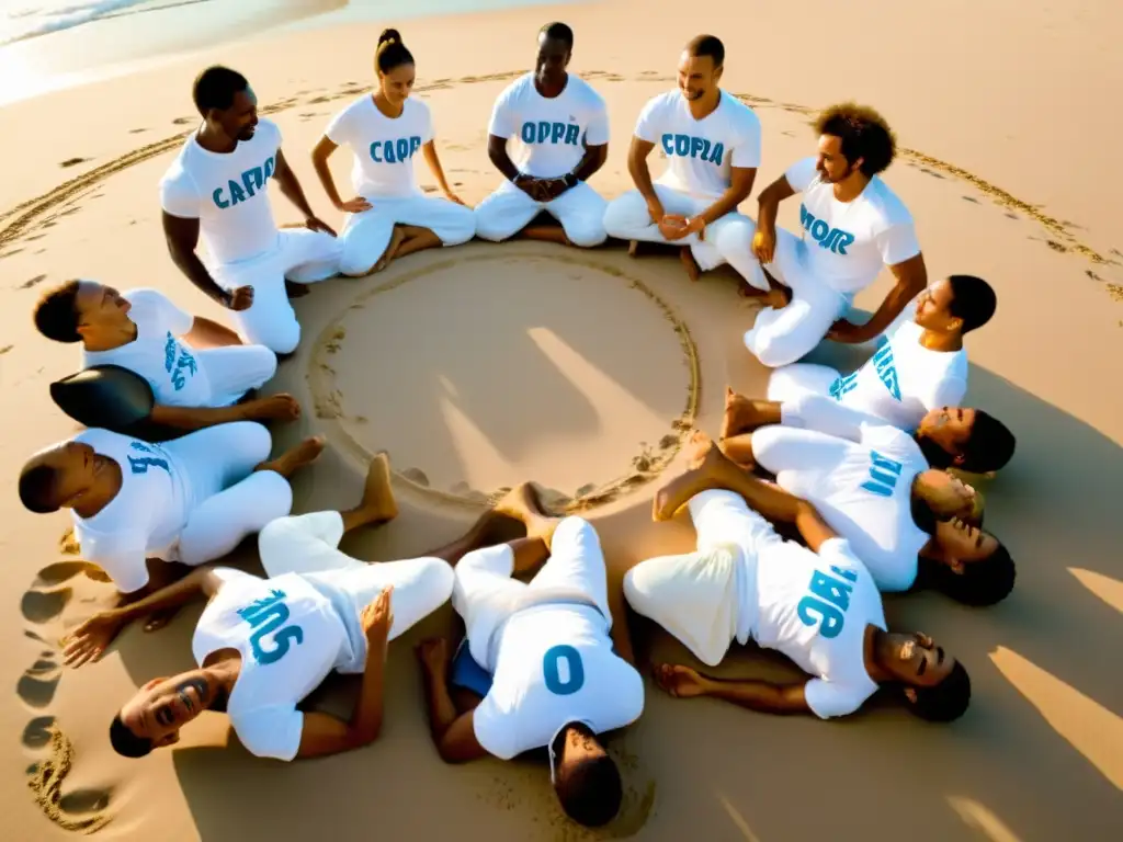 Grupo de practicantes de capoeira en la playa, mostrando movimientos dinámicos al ritmo de la música afrobrasileña