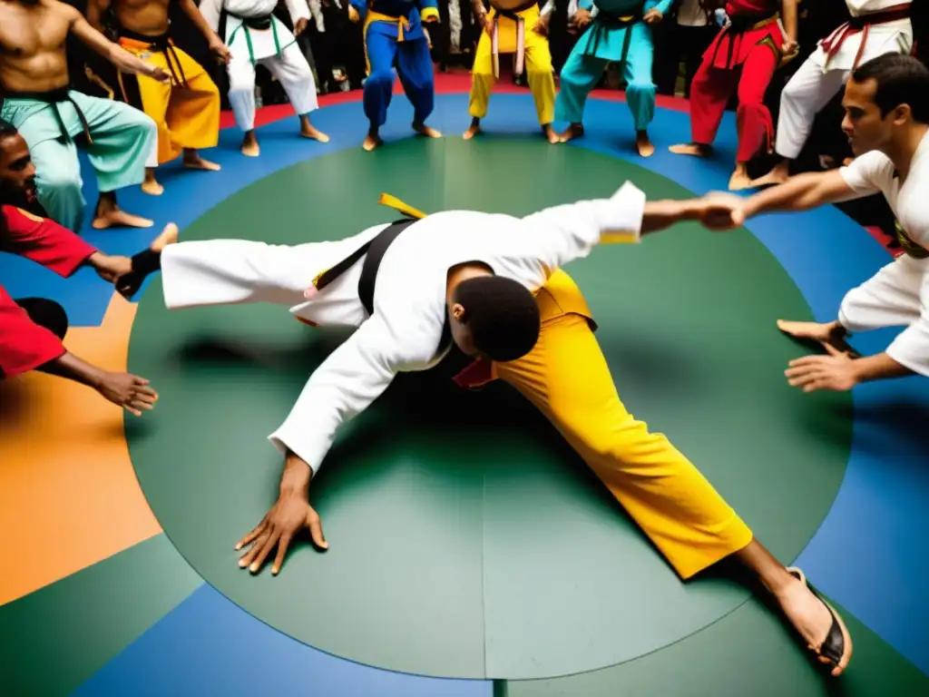 Un grupo de practicantes de capoeira en plena acción, rodeados de espectadores, con ropa colorida y movimientos dinámicos