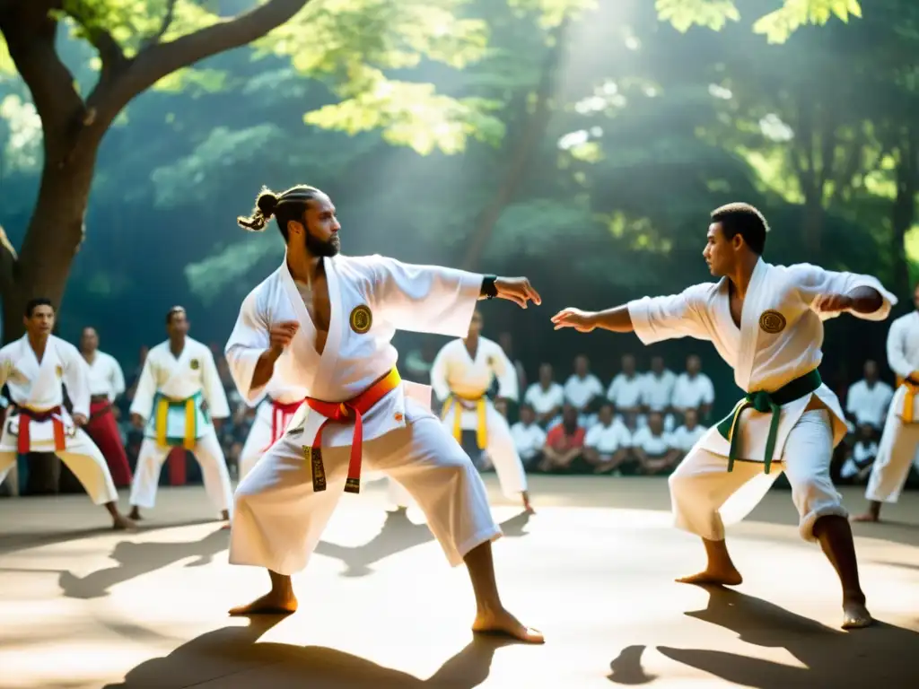 Grupo de practicantes de capoeira en una roda, irradiando energía y resistencia cultural brasileña