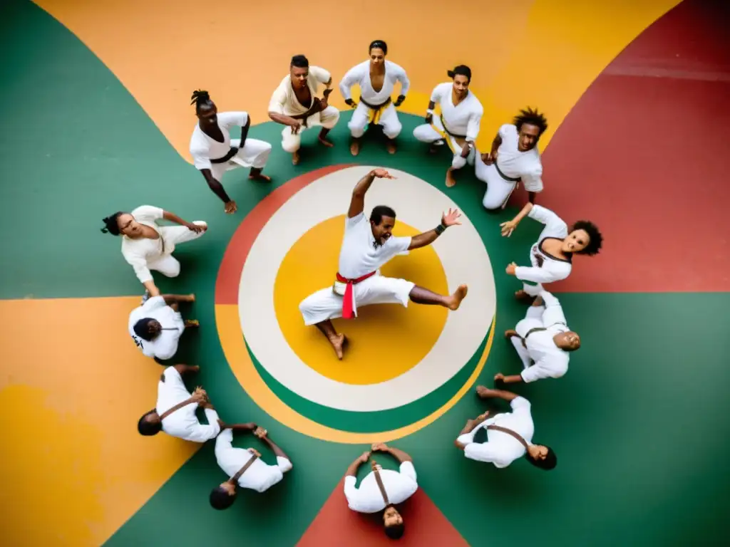 Un grupo de practicantes de capoeira en una roda, con trajes vibrantes y expresiones intensas