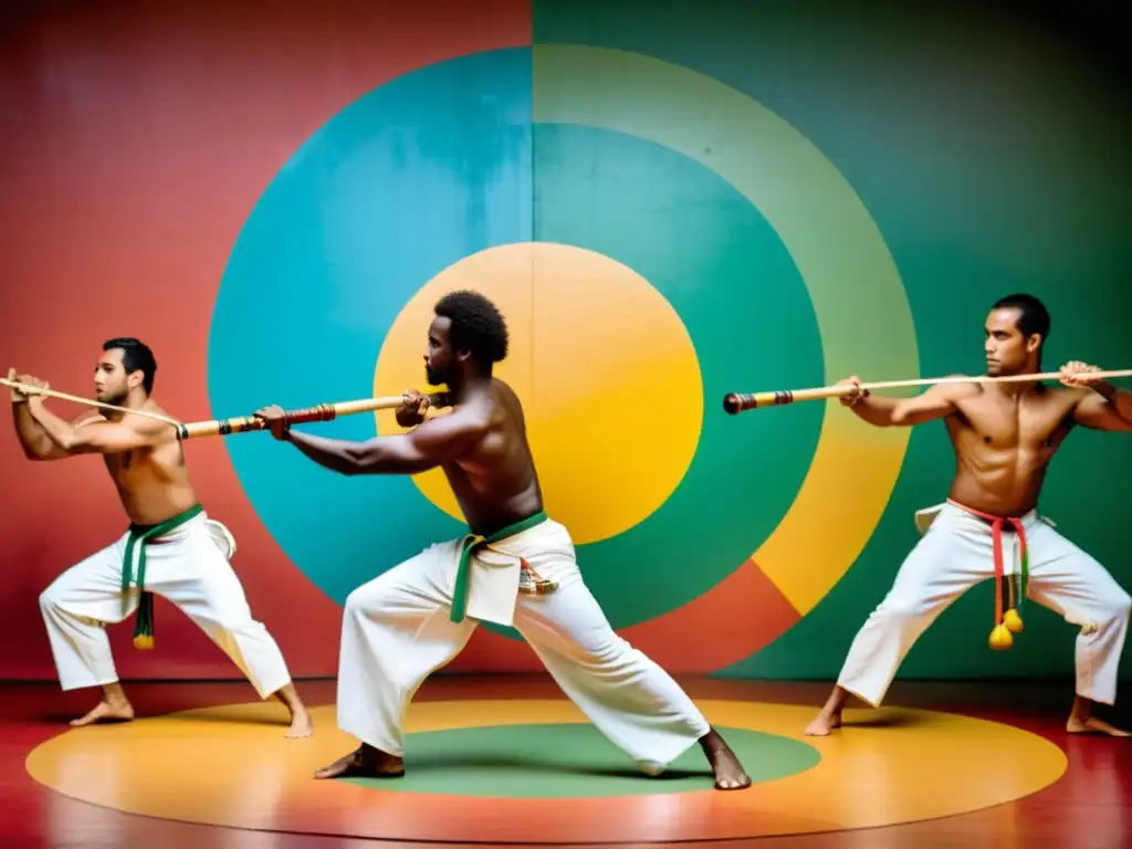 Grupo de practicantes de capoeira tradicional, vistiendo pantalones blancos y tocando instrumentos musicales en una roda