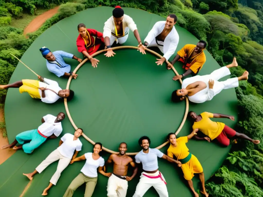 Grupo de practicantes de capoeira en vibrante roda afrobrasileña, mostrando fuerza y agilidad en paisaje exuberante