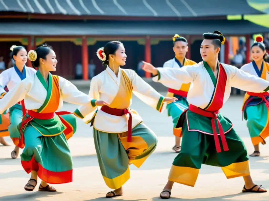 Grupo de practicantes de Thang Ta realizando una danza marcial en Manipur