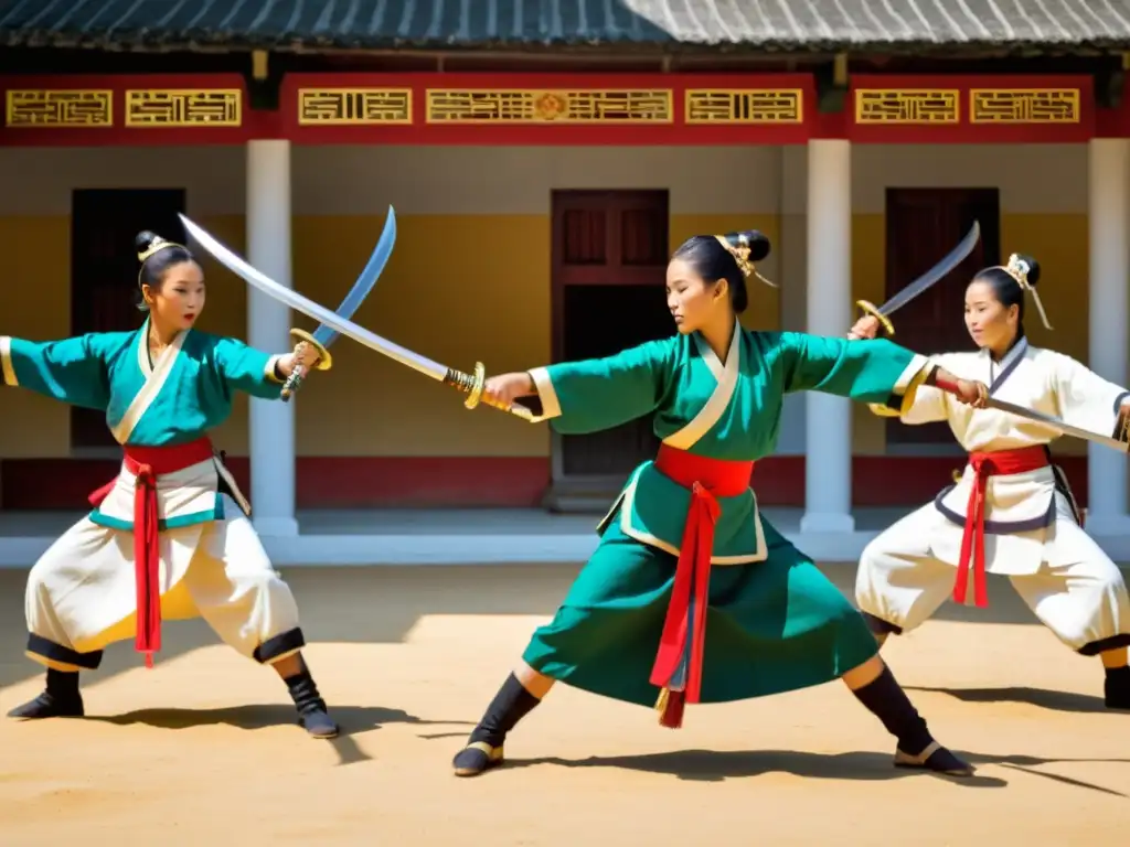 Un grupo de practicantes de Thang Ta en trajes tradicionales manipuris realiza una rutina dinámica de artes marciales con espadas y lanzas en un patio iluminado por el sol, mostrando precisión, agilidad y fuerza