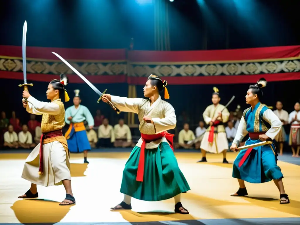 Grupo de practicantes de Thang Ta en trajes tradicionales de Manipur, realizando una dinámica y detallada actuación de arte marcial danza Manipur