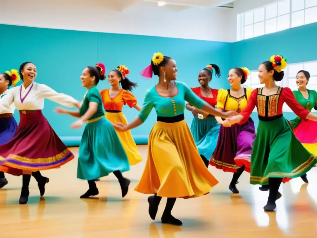 Grupo de principiantes disfrutando de un animado curso online de baile folclórico, con coloridos trajes y pasos tradicionales llenos de energía y alegría