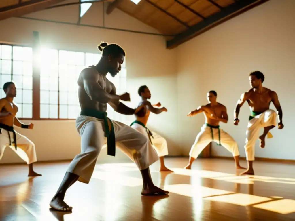 Grupo de principiantes en capoeira practicando en un estudio soleado, mostrando la gracia y poder del arte marcial Afrobrasileño