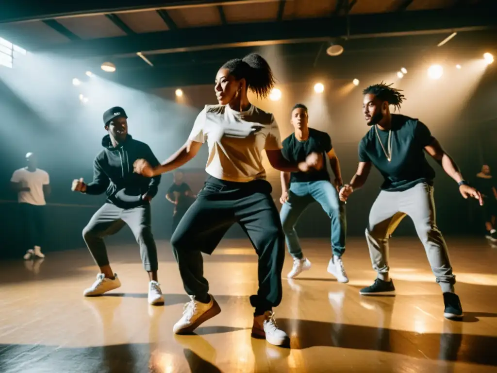 Un grupo de principiantes entusiastas practicando krump en un estudio urbano, con emociones crudas y energía