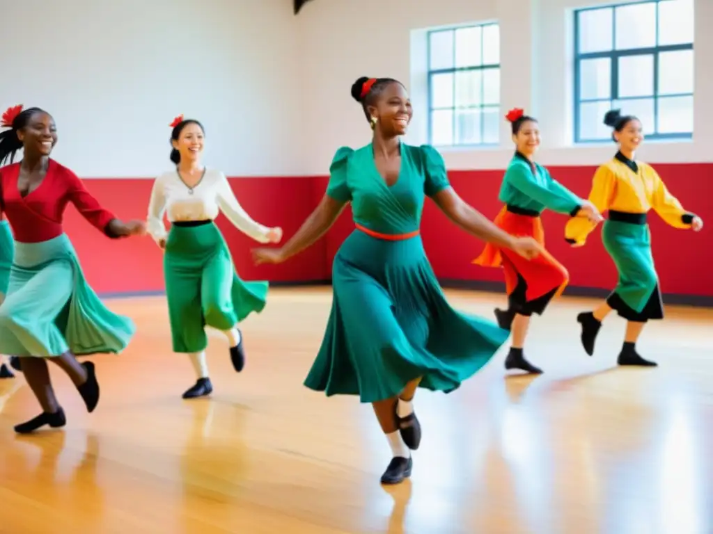 Grupo de principiantes aprendiendo pasos de baile folclórico en un estudio iluminado, con vibrantes colores y movimiento dinámico