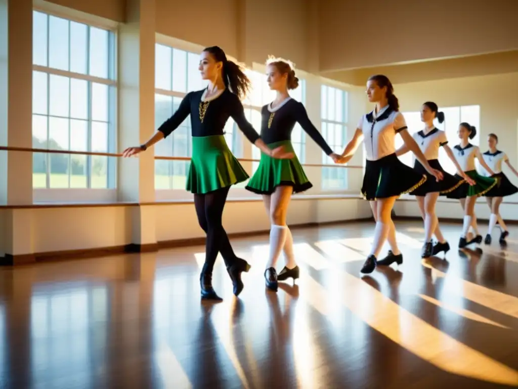 Grupo de principiantes en trajes de danza irlandesa practicando pasos en un estudio con espejos y ventanas iluminadas, siguiendo tutoriales de danza irlandesa con el instructor guiándolos con amor