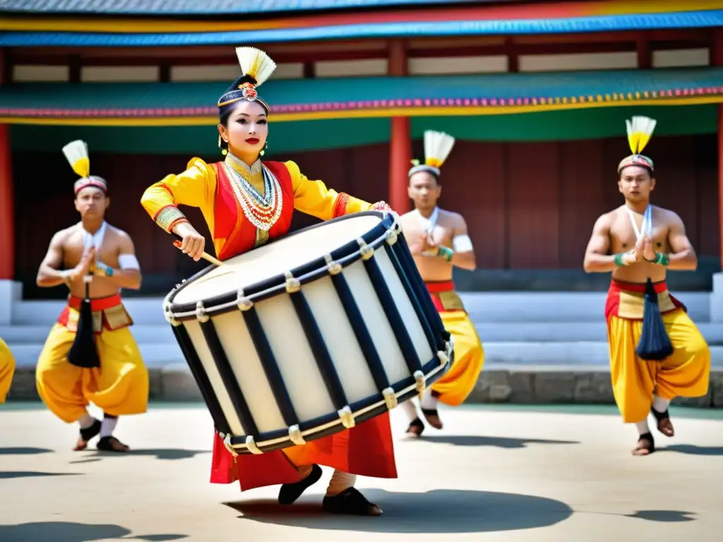 Grupo ejecuta el Pung Cholom Manipur, mezcla de danza y percusión, en trajes tradicionales, en un templo sagrado