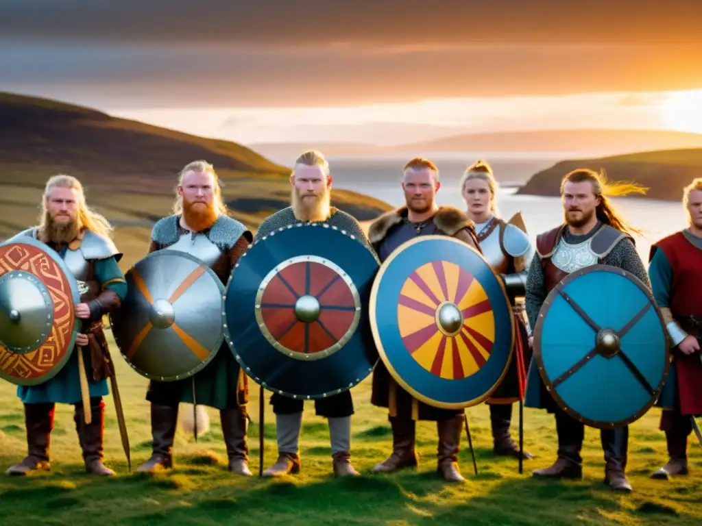 Grupo de reenactores vikingos en armaduras detalladas, listos para el Festival de danza y música vikinga al atardecer en las Islas Shetland