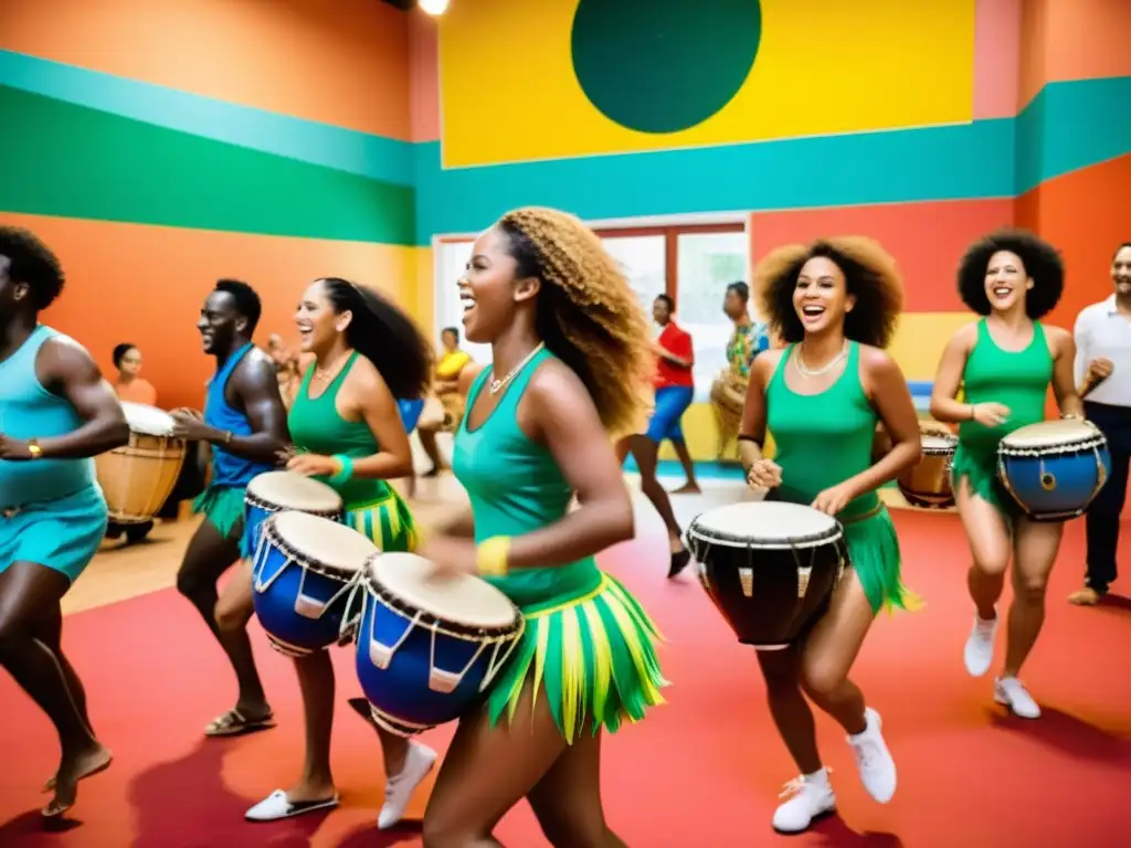 Grupo disfrutando samba tradicional Brasil con instrumentos y trajes coloridos en ambiente alegre y vibrante