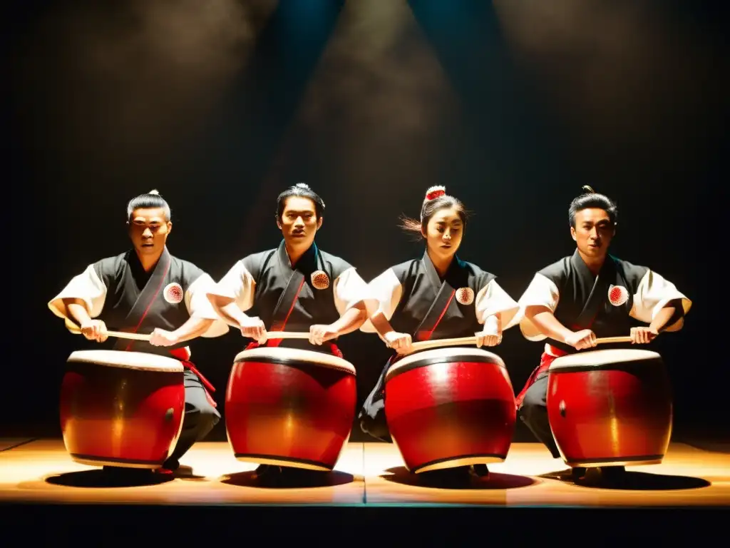 Intenso espectáculo de Taiko: pasión y determinación en el escenario Grupo de taiko con trajes japoneses ejecutan danzas tradicionales japonesas con tambores, en un escenario iluminado con pasión y concentración