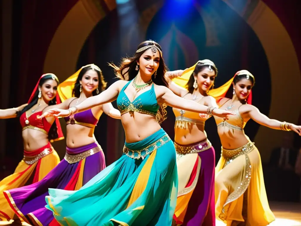 Grupo de talentosas bailarinas del vientre en trajes coloridos y fluidos, cautivando con su danza árabe: belleza y significado cultural