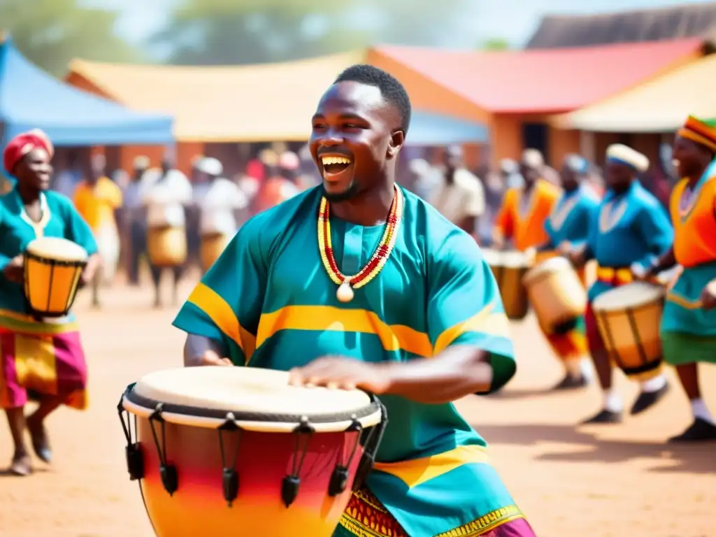 Grupo de tamborileros africanos en vibrante plaza, expresando la importancia de tambores en danzas africanas