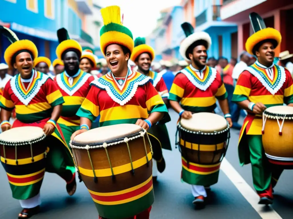 Grupo de tamborileros afro-uruguayos en vibrante desfile callejero, celebrando el significado cultural del candombe uruguayo con alegría y orgullo