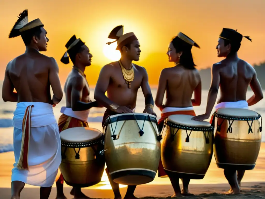 Grupo de tamborileros balineses en círculo bajo el cielo al atardecer, mostrando el papel de los tambores en danzas sagradas