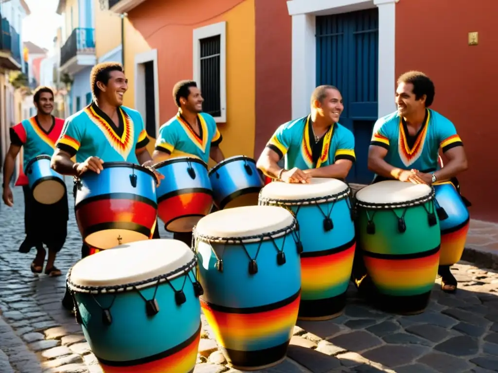 Grupo de tamborileros de candombe uruguayo en vestimenta tradicional, tocando apasionadamente al atardecer