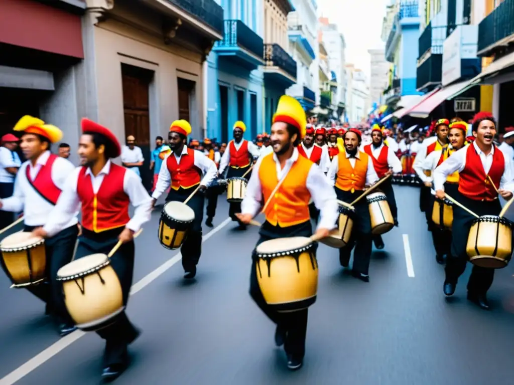 Grupo de tamborileros de Candombe uruguayo en las calles de Montevideo, capturando la energía y pasión de la danza y la resistencia cultural