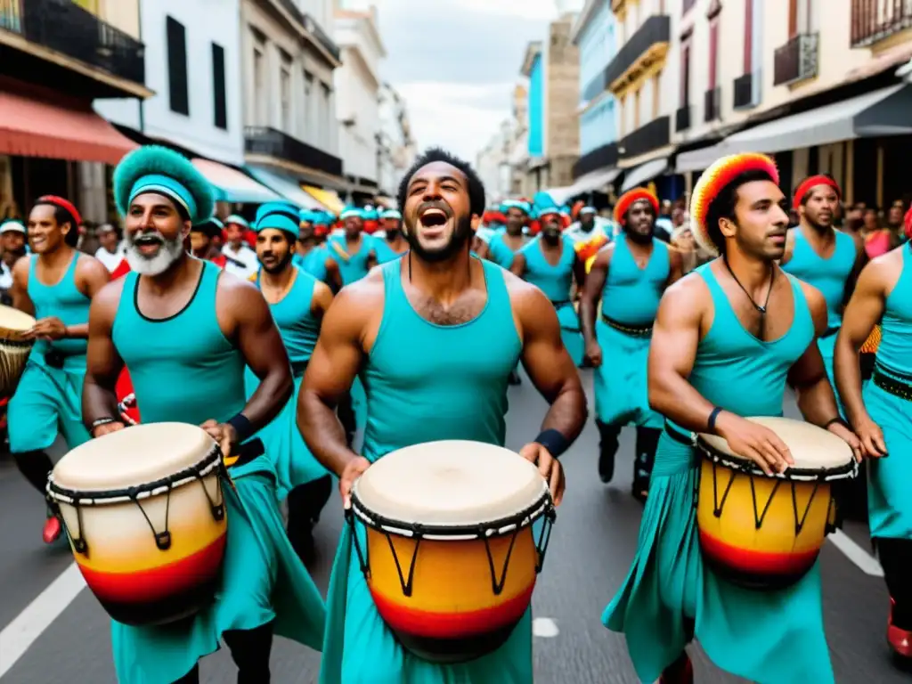 Grupo de tamborileros de candombe uruguayo, vistiendo trajes vibrantes, tocando con pasión en las calles de Montevideo, significado cultural