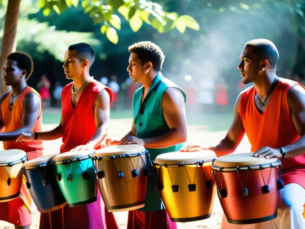 Grupo de tamborileros de Santería tocando ritmos tradicionales en sus vibrantes tambores, expresando su profunda conexión espiritual