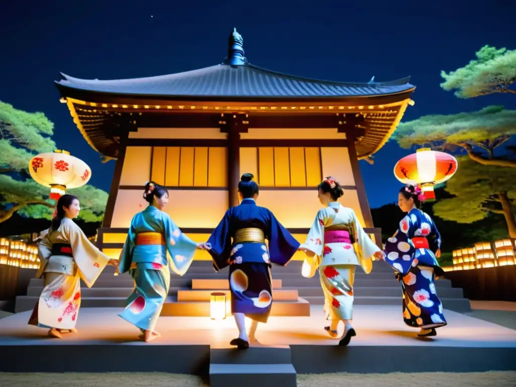 Grupo en yukatas bailando alrededor de la torre yagura en el Festival japonés Obon: danzas y significado