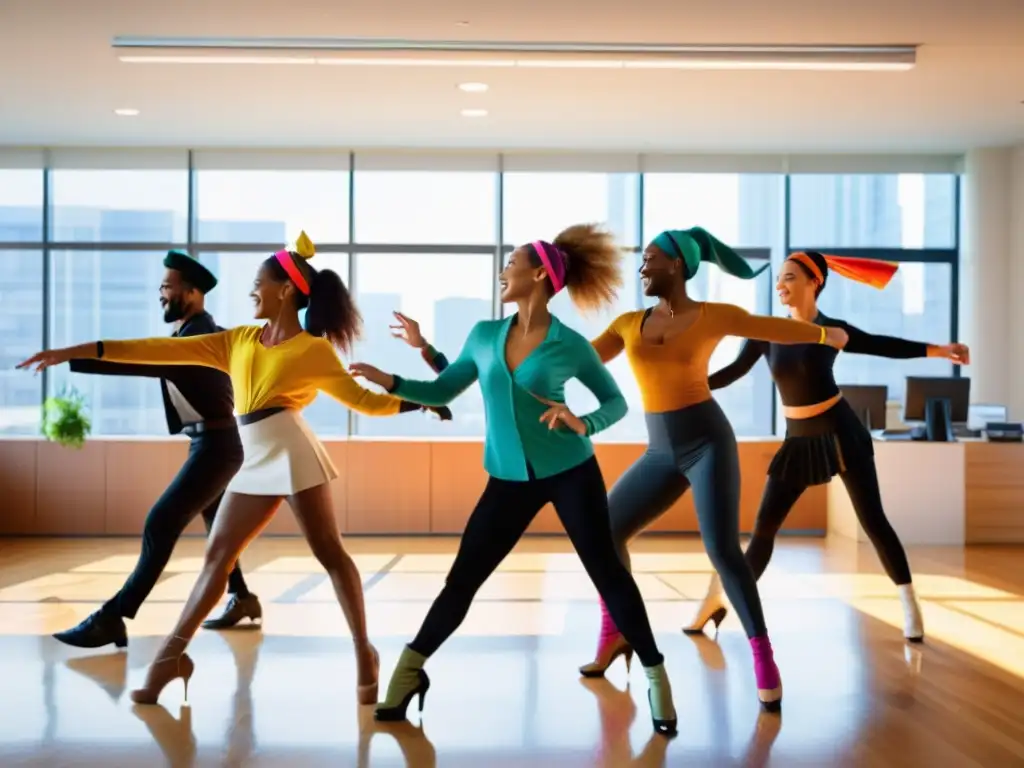 Grupo de trabajadores de oficina con accesorios temáticos para danza, bailando con energía y alegría en un espacio de oficina moderno