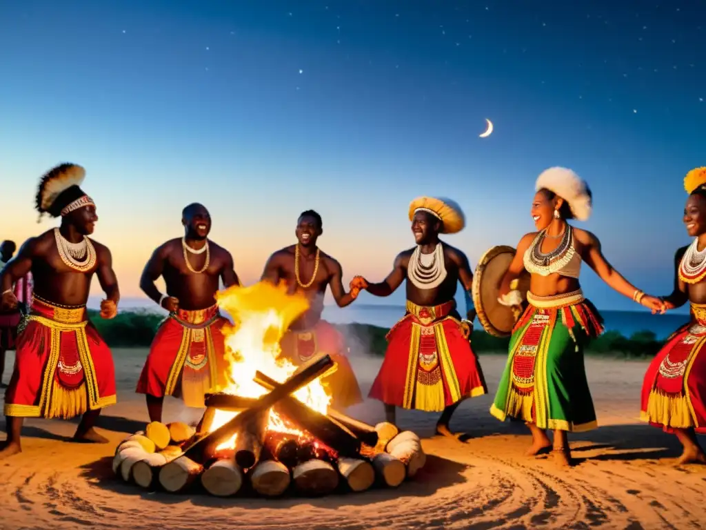 Grupo danza tradicional africana alrededor del fuego en ceremonia ancestral, significado danza y tradición africana