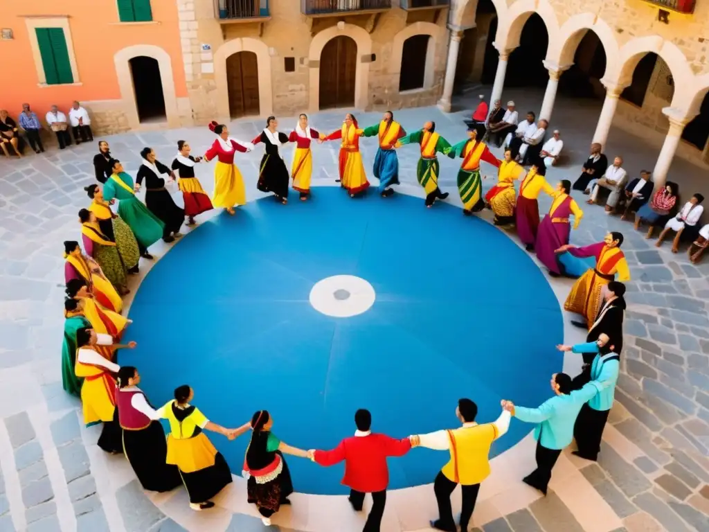 Grupo bailando la tradicional Sardana en la plaza de un pueblo catalán, uniendo cultura y tradición en movimientos vibrantes