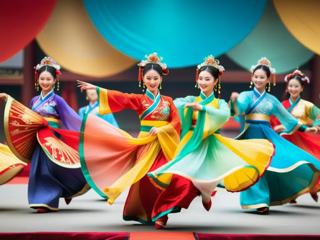 Grupo en trajes chinos tradicionales bailando en el festival Qixi con música y decoraciones festivas