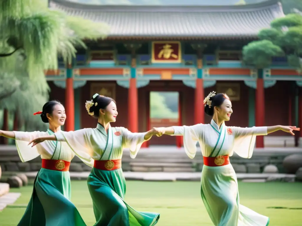 Grupo en trajes de danza china, realizando movimientos gráciles en un entorno sereno al aire libre