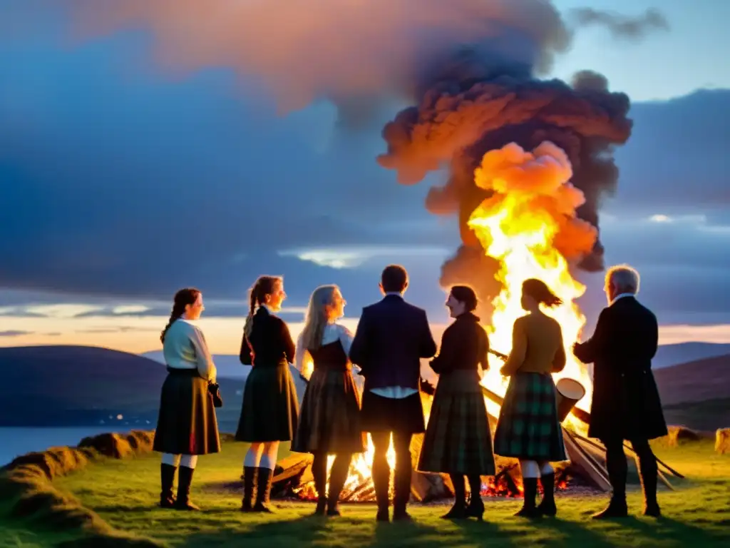 Grupo en trajes gaélicos danza alrededor de un fuego, celebrando el significado cultural del Céilidh bajo el cielo nocturno