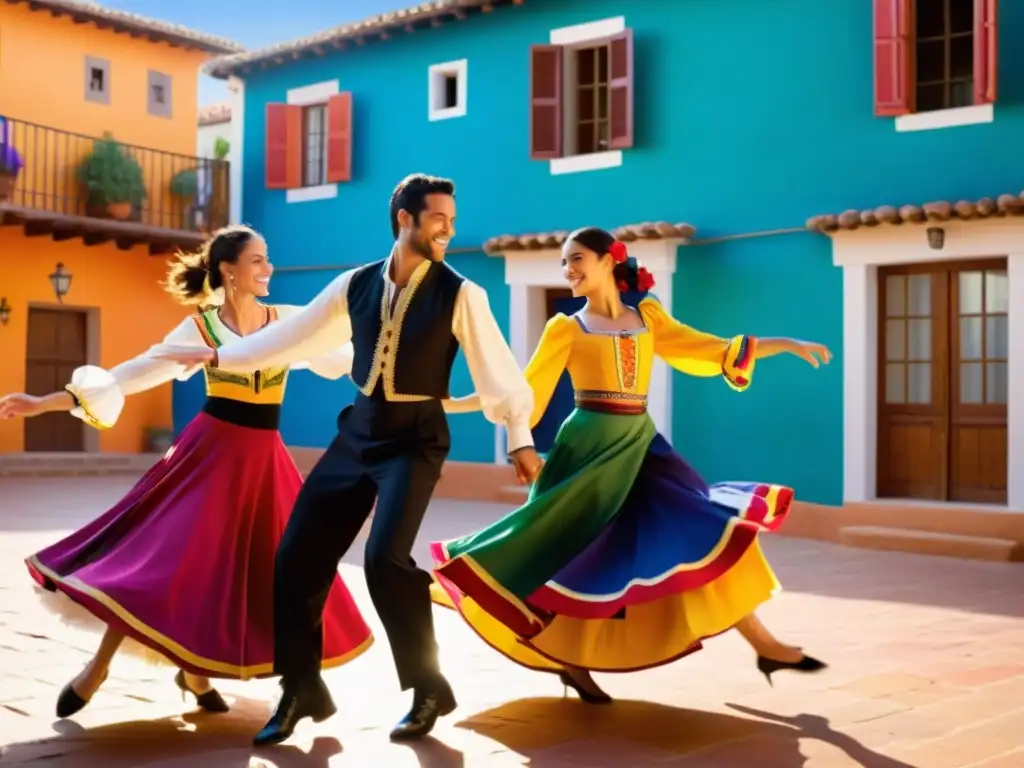 Grupo en trajes regionales españoles bailando fandango y jota en un patio pintoresco