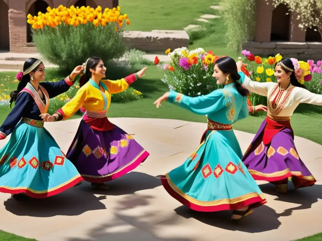 Grupo en trajes tradicionales de Asia Central bailando en el Festival Navruz con flores primaverales vibrantes al fondo