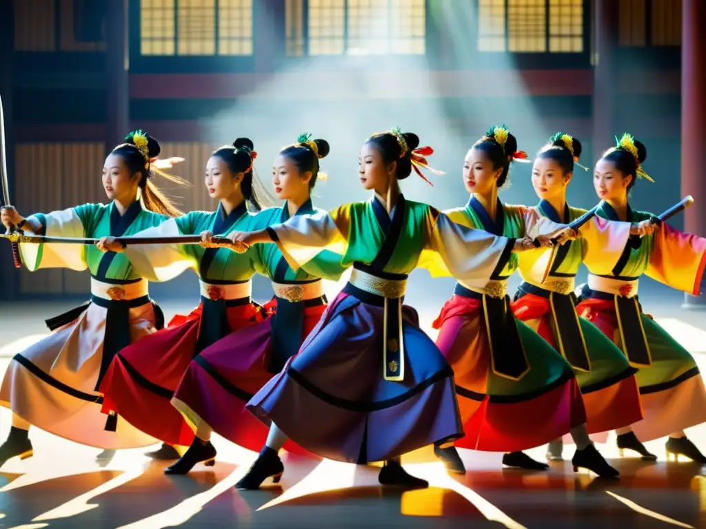 Grupo en trajes tradicionales realizando entrenamiento de danza con espadas en Okinawa, bajo la luz del sol