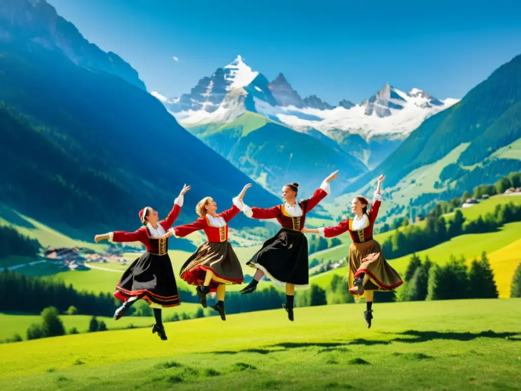 Grupo bailando Schuhplattler alemán con trajes tradicionales, en escenario alpino vibrante
