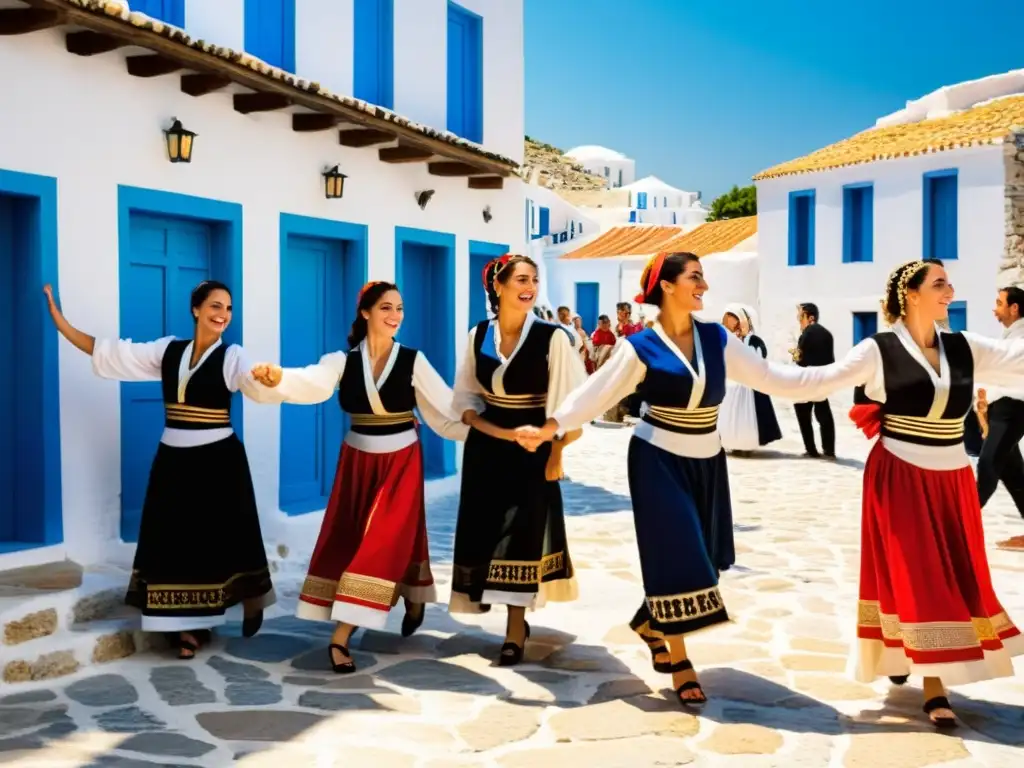 Grupo en trajes tradicionales griegos bailando Sirtaki en plaza soleada, reflejando la esencia de las danzas tradicionales griegas sirtaki educativos