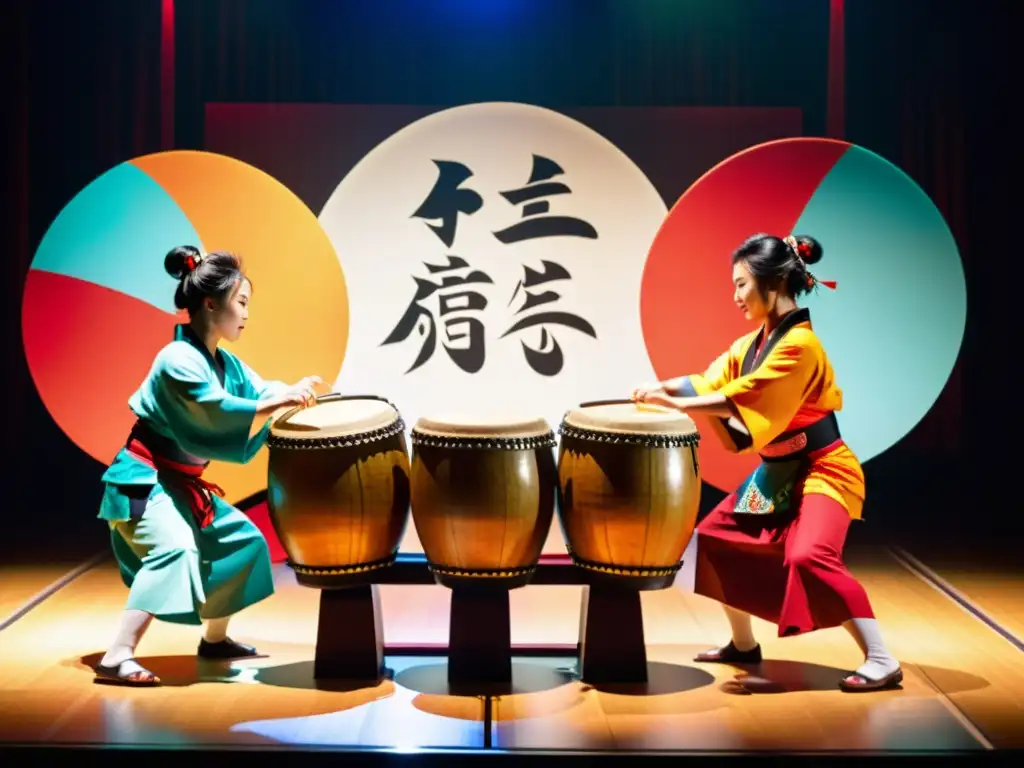 Grupo en trajes tradicionales japoneses tocando enérgicamente tambores taiko en un escenario colorido