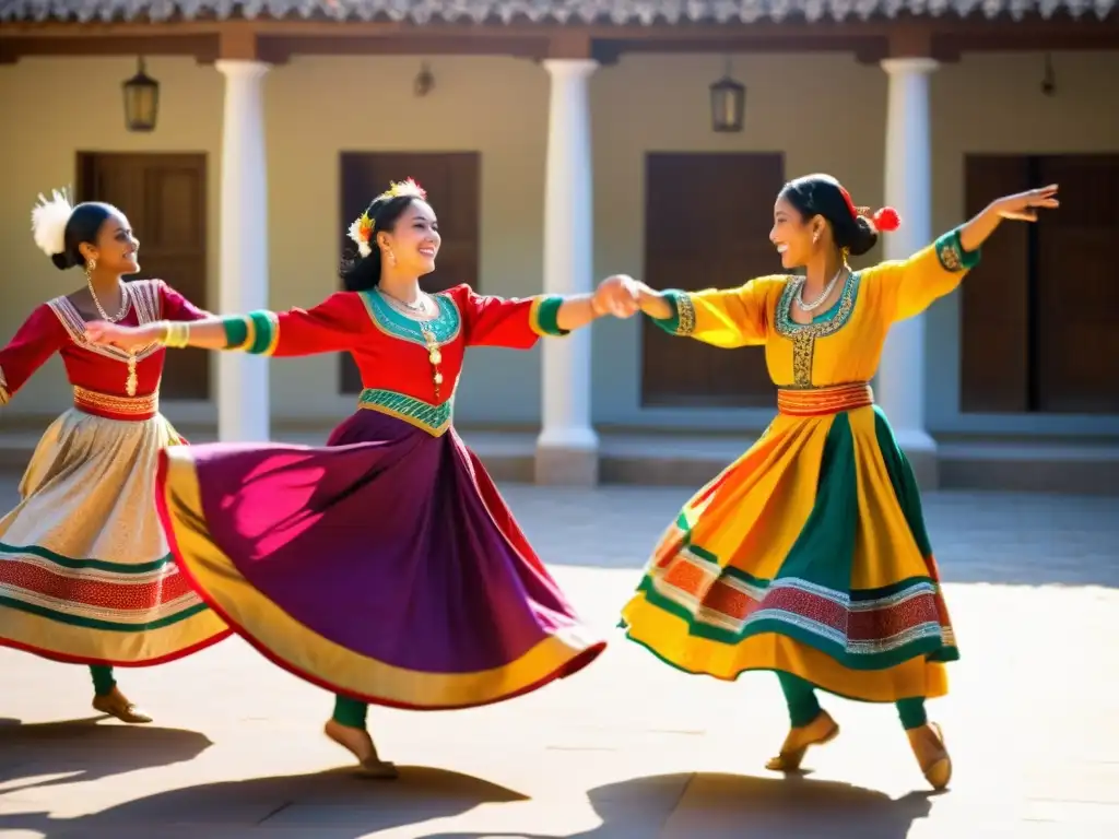 Un grupo viste trajes tradicionales y baila con pasión en un patio soleado, mostrando la rehabilitación social a través de la danza