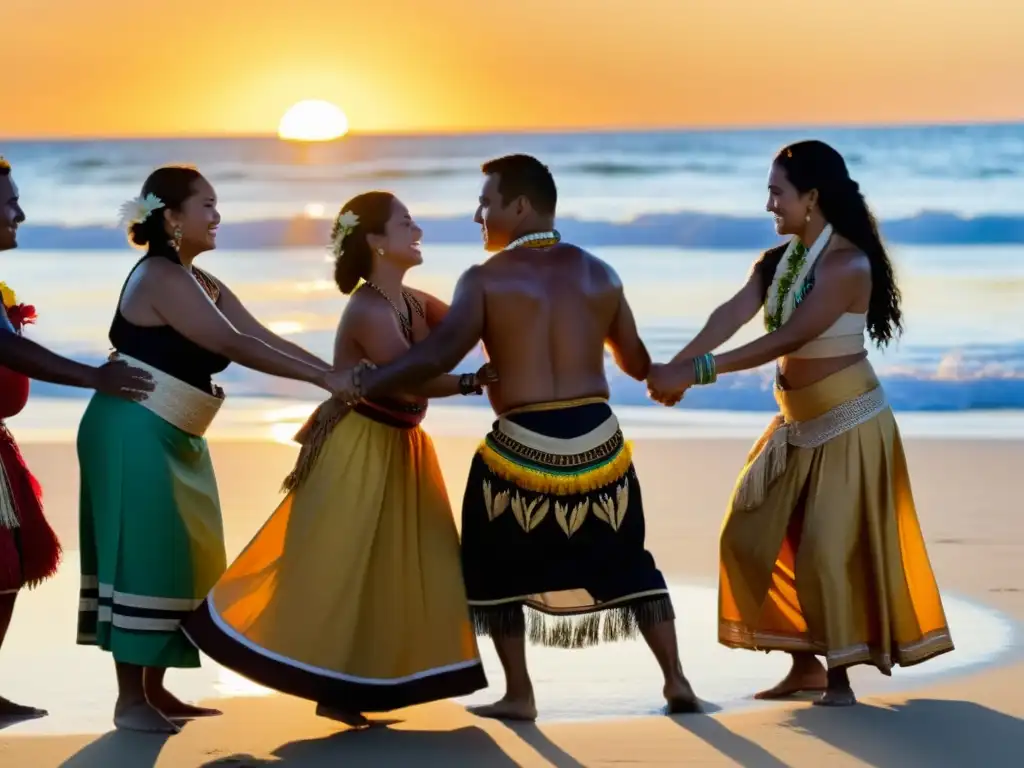 Grupo en trajes tradicionales del Pacífico, bailando en la playa al atardecer