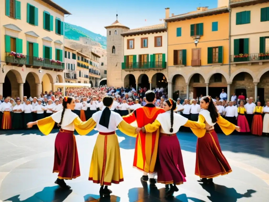 Grupo en trajes tradicionales de la sardana bailando en la plaza del pueblo