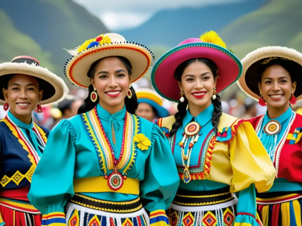 Grupo vistiendo trajes tradicionales representativos de Colombia, expresando la diversidad cultural del país en danza y celebración