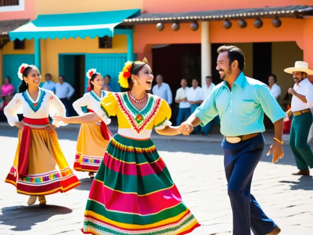 Grupo de turistas aprendiendo danza tradicional en un animado mercado en México