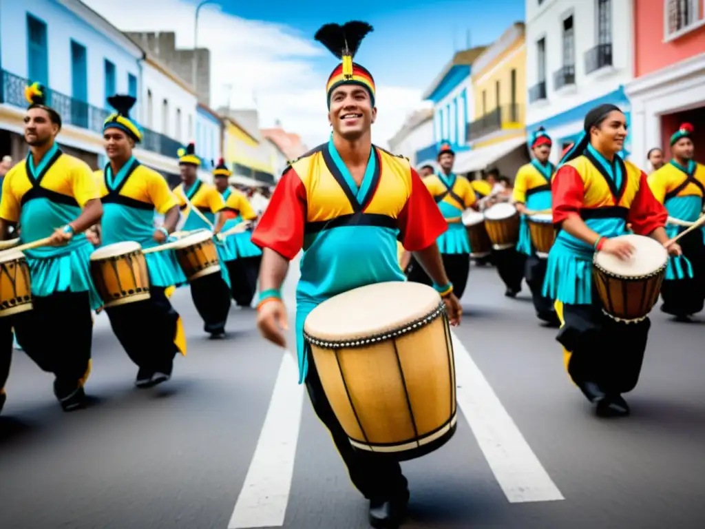 Grupo de Candombe uruguayo danza resistencia cultural, vibrante y colorido desfile callejero con músicos y bailarines en atuendos tradicionales