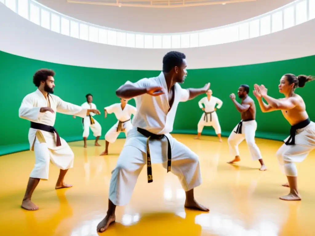 Un grupo variado practica capoeira tradicional con pasión y energía en un estudio iluminado