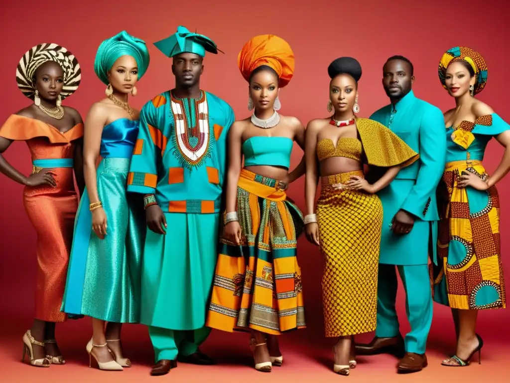 Grupo vistiendo vestimenta tradicional africana, con vibrantes colores y diseños únicos, capturando la influencia moderna en la moda africana